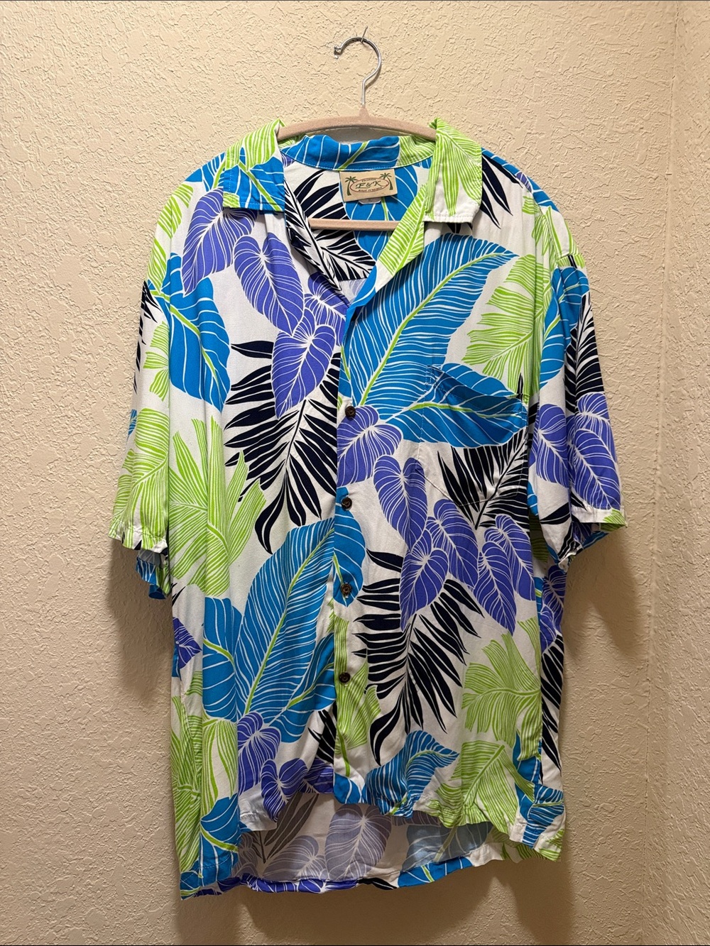NWOT, Tropical Leaf Print Short-Sleeve Button-Down Shirt - Blue/Green/Purple